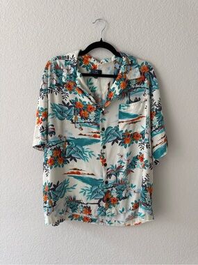 George White Tropical Floral Button-Down Shirt with Teal & Orange Accents